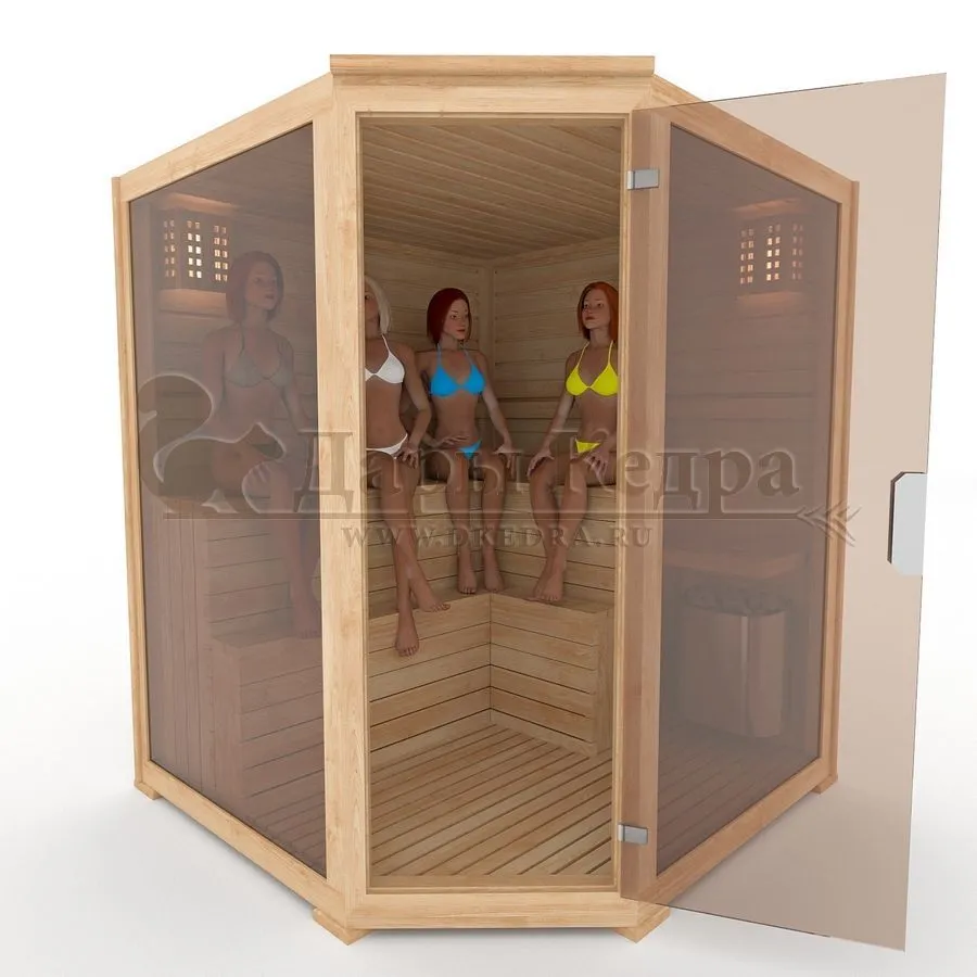 Четырехместная угловая финская сауна кабина из кедра с электрокаменкой