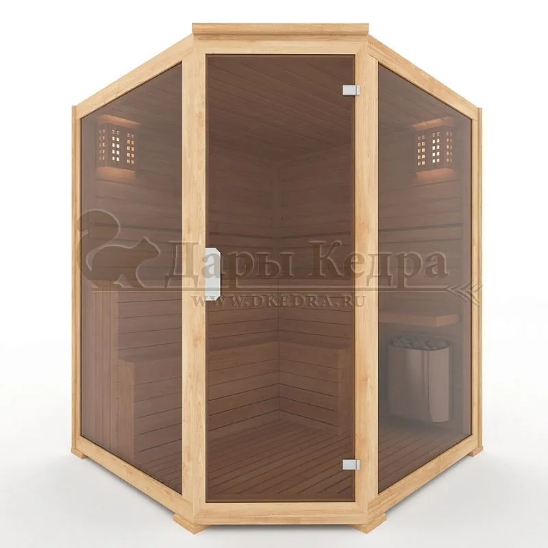 Четырехместная угловая финская сауна кабина из кедра с электрокаменкой